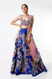 Electric Blue Juna Raw Silk Appliquéd And Embellished Lehenga With Blouse And Cutwork Tulle Dupatta