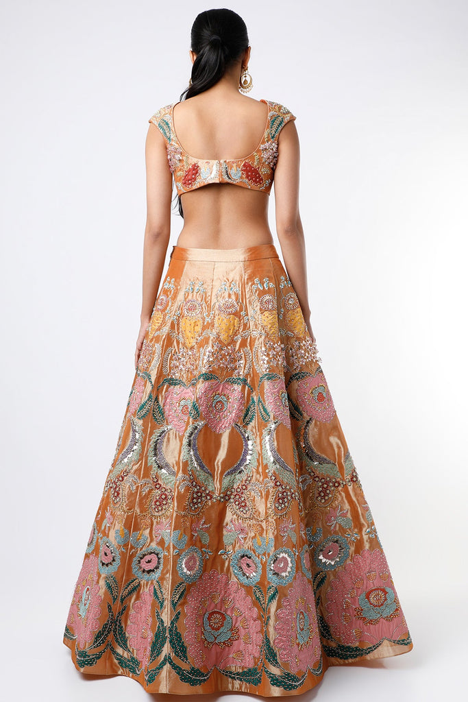 Copper juna Tissue Appliquéd And Embellished Lehenga With Blouse And Cutwork Tissue Dupatta