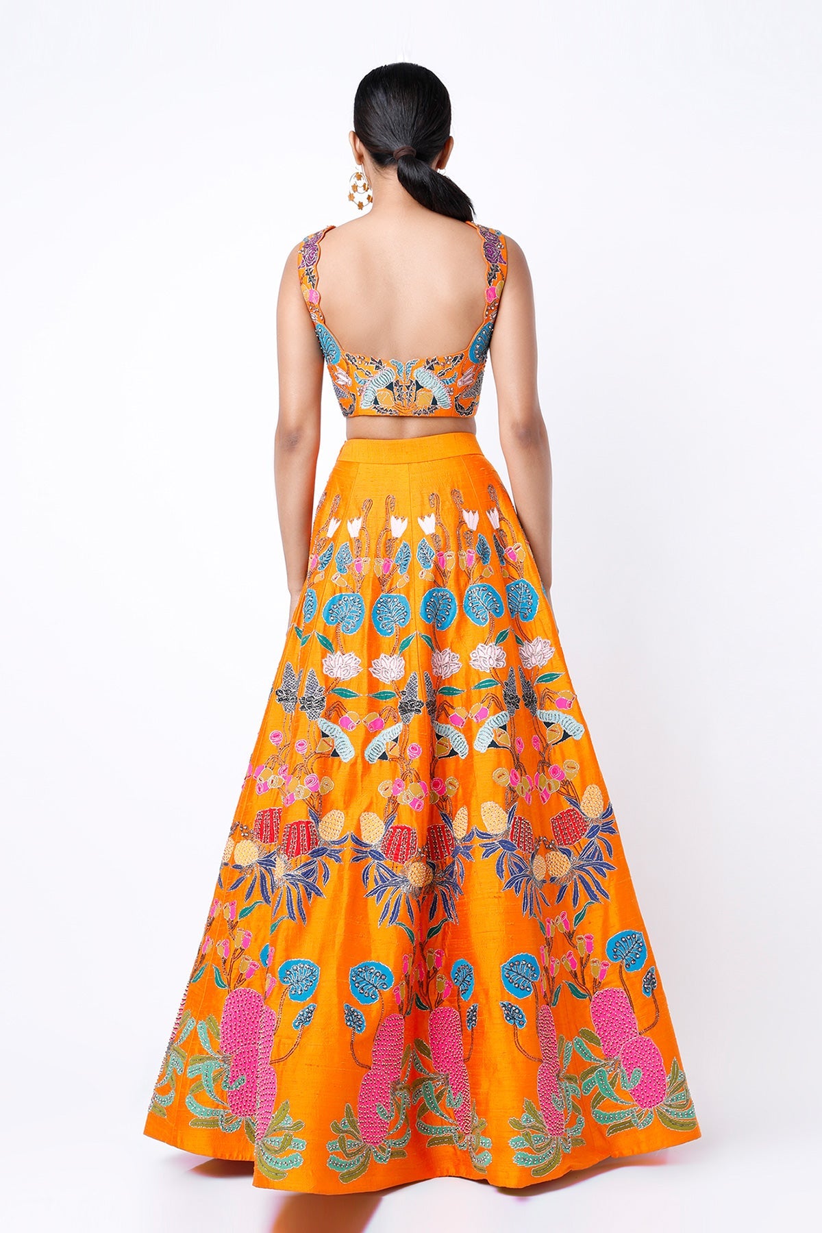 CANNA - Orange Pastiche Raw Silk Appliquéd And Embellished Lehenga With Blouse And Cutwork Tulle Dupatta