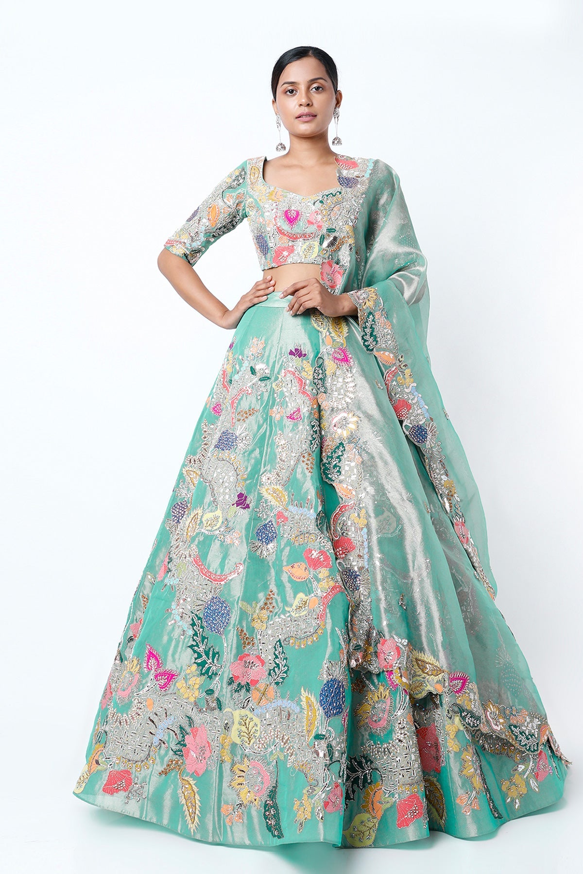 PAYAL - Turquoise Juna Tissue Appliquéd And Embellished Lehenga With Blouse And Cutwork Tissue Dupatta