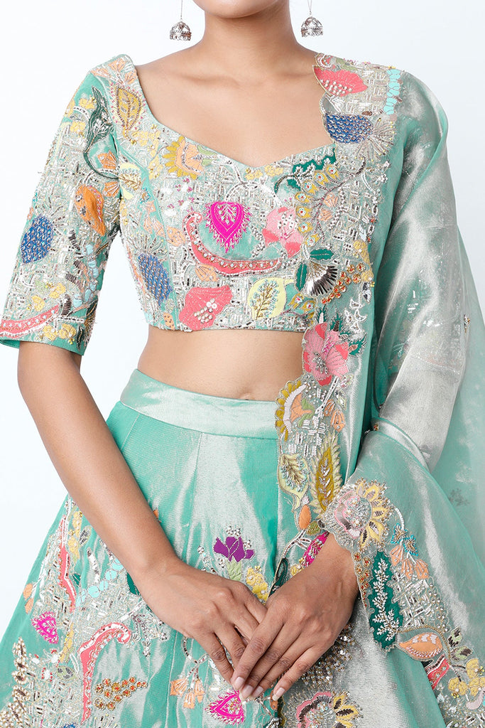 Turquoise Juna Tissue Appliquéd And Embellished Lehenga With Blouse And Cutwork Tissue Dupatta
