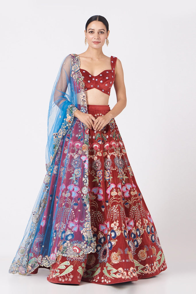 Red Paper Dolls Velvet Appliquéd And Embellished Lehenga With Blouse And Cutwork Dupatta