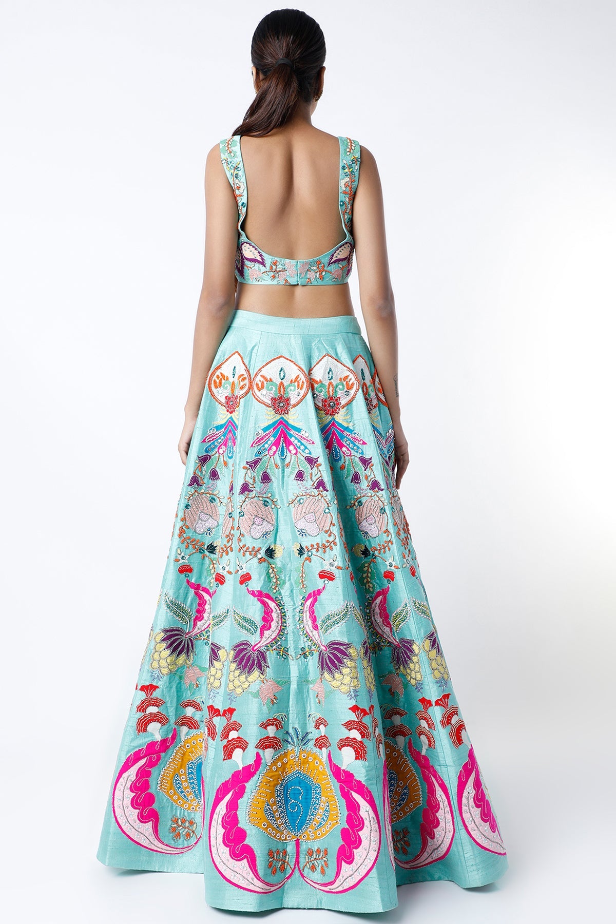 MAHIRA - Scuba Blue Nadenka Raw Silk Appliquéd And Embellished Lehenga With Blouse And Cutwork Dupatta
