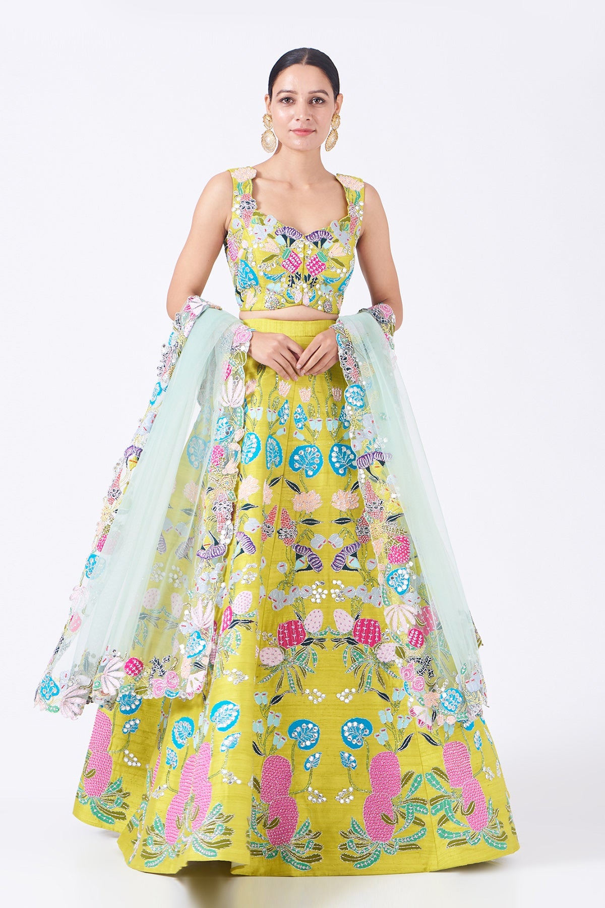 GARDENIA - Lime Pastiche Raw Silk Appliquéd And Embellished Lehenga With Blouse And Cutwork Dupatta