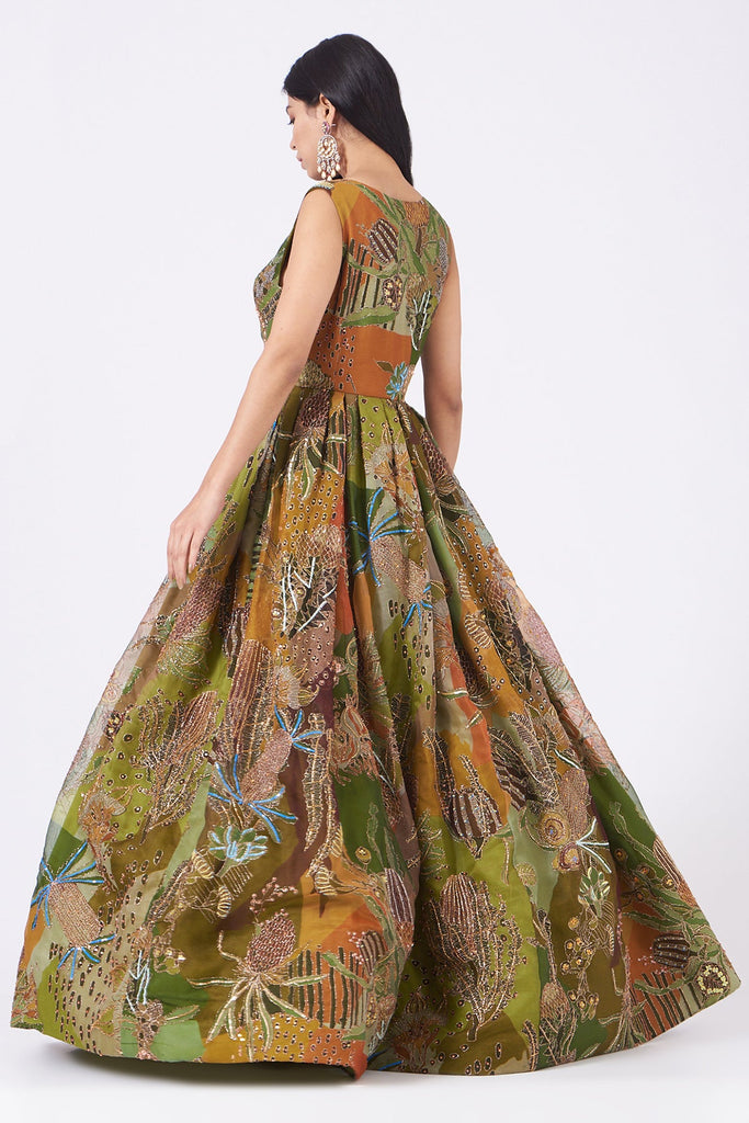 Olive Green Pastiche Organza Printed And Embellished Gown