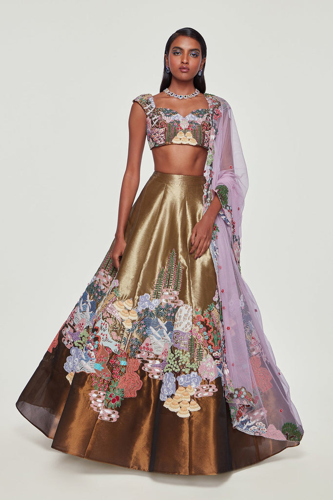Copper & Gold Tissue Appliqued Embellished Lehenga With Blouse And Dupatta