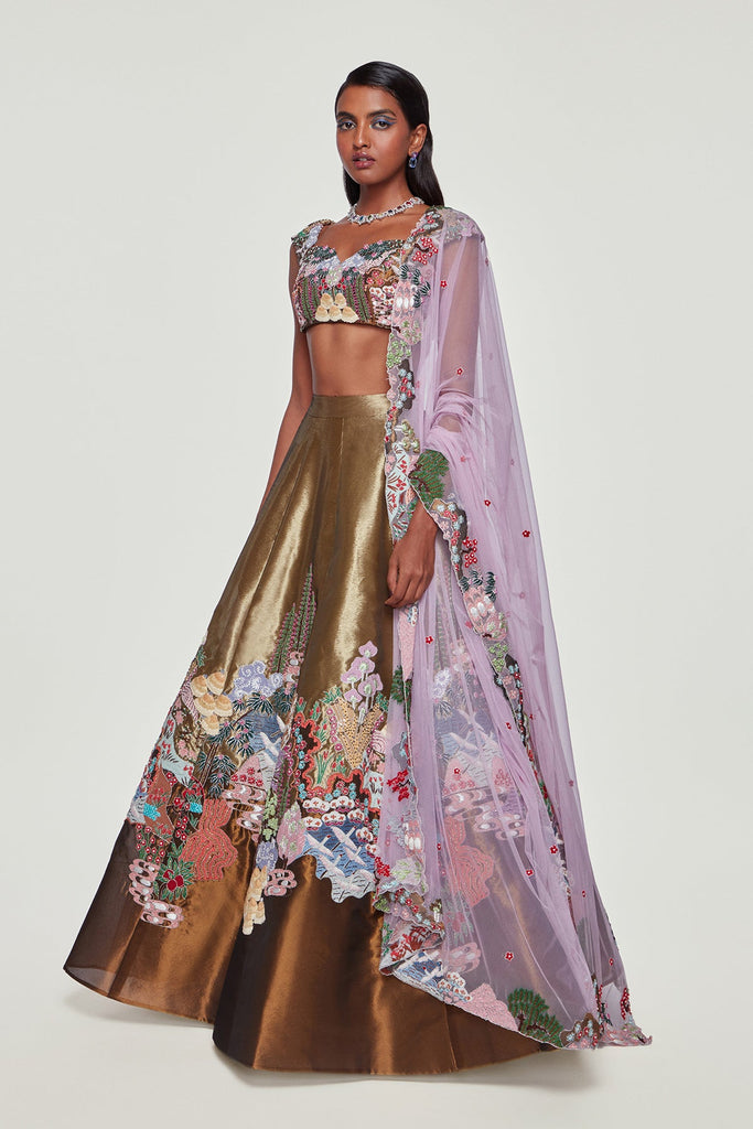Copper & Gold Tissue Appliqued Embellished Lehenga With Blouse And Dupatta