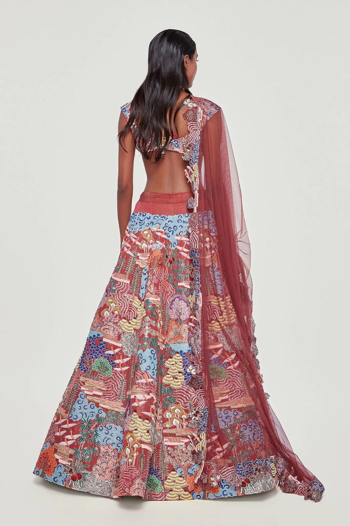 Maroon Tissue Appliquéd And Embellished Lehenga With Blouse And Dupatta