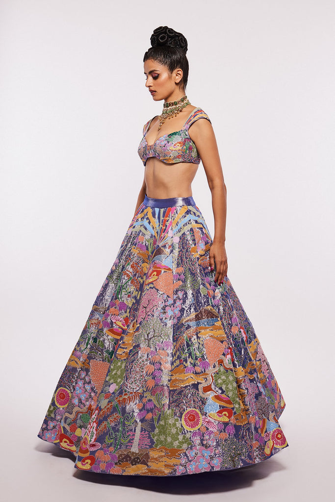 Blue Divergence Tissue Appliquéd And Embellished Lehenga With Blouse And Cutwork Tissue Dupatta
