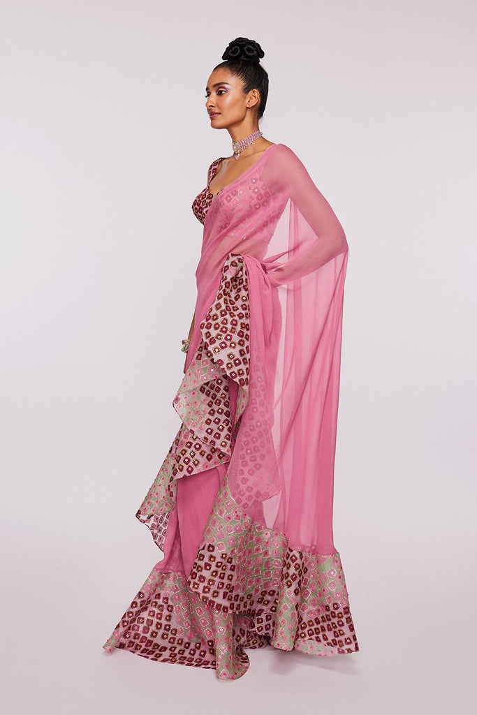Pink Divergence Organza Eye Printed And Embellished Ruffle Saree And Blouse