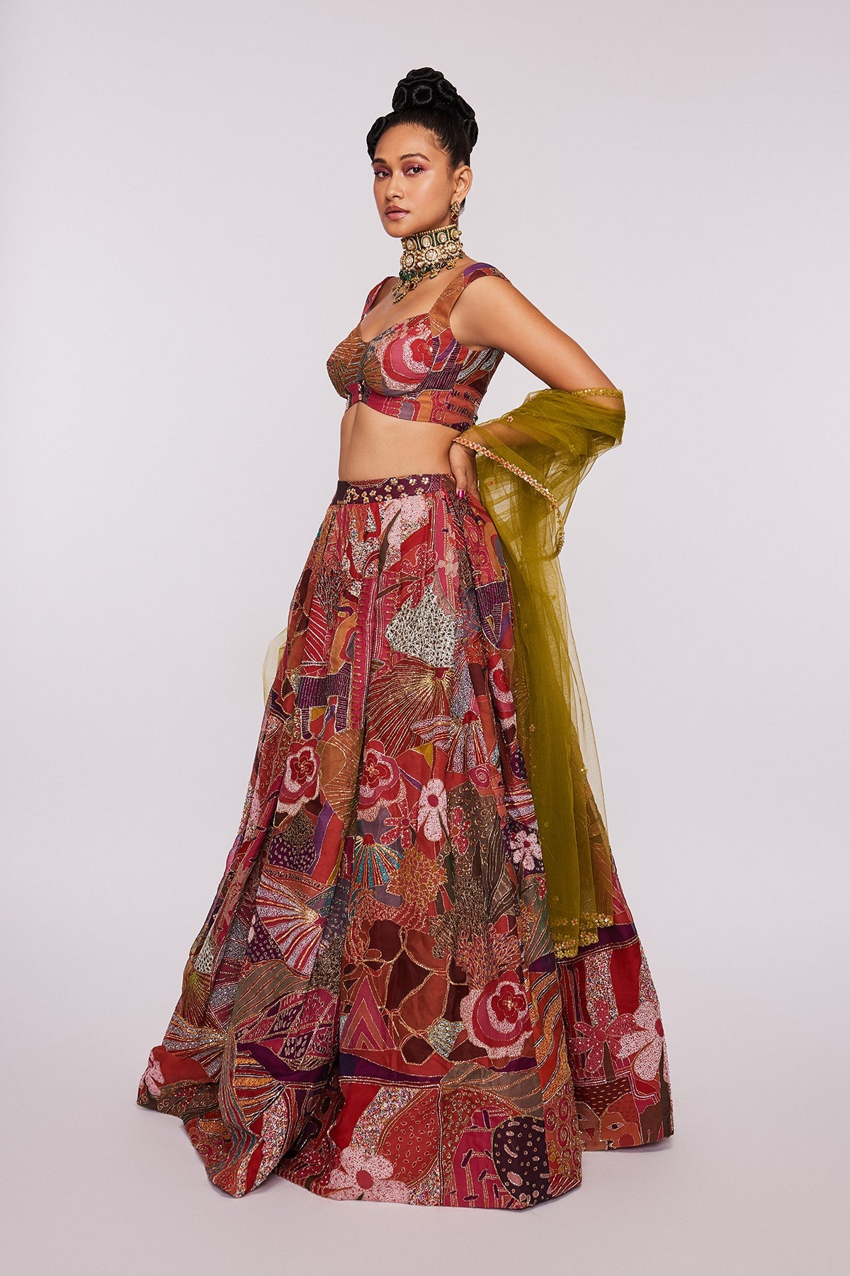 CARMINE - Pink Divergence Indian Organza Printed And Embellished Top And Skirt With Dupatta