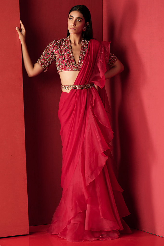 Party wear Red Saree With Black Sequine Blouse at Rs.1299/Piece in gwalior  offer by Awatram and Sons