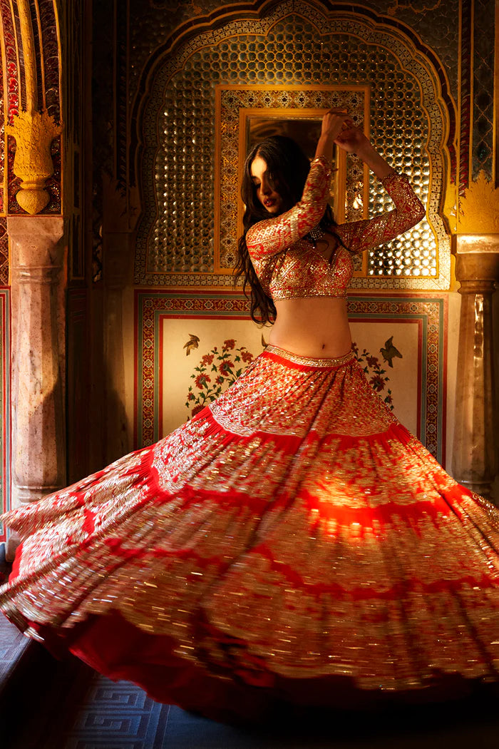 Red Multi-Tiered Lehenga Set