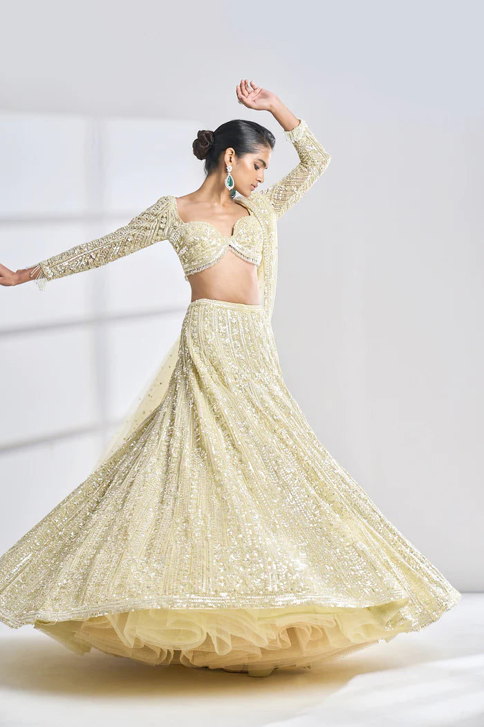 Lime Yellow Sequin Lehenga Set - Ready To Ship