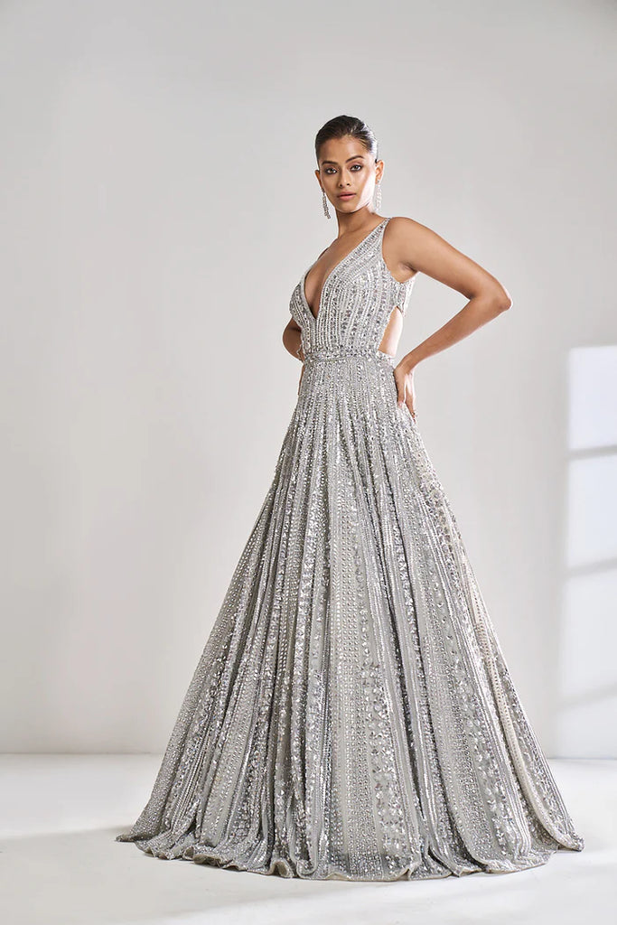 Irina V-Neck Sequin Midaxi Dress - Silver – Pretty Lavish