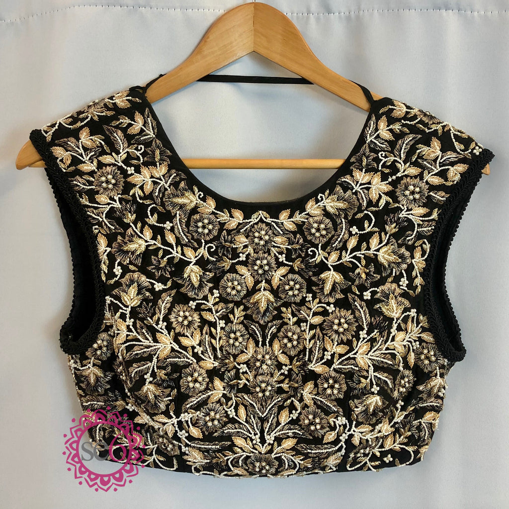 White Gold Floral Embroidered Black Blouse- Ready to Ship