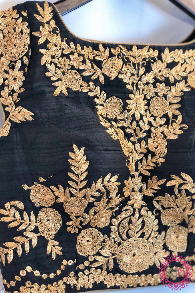 Gold Floral Embroidered Black Blouse- Ready to Ship