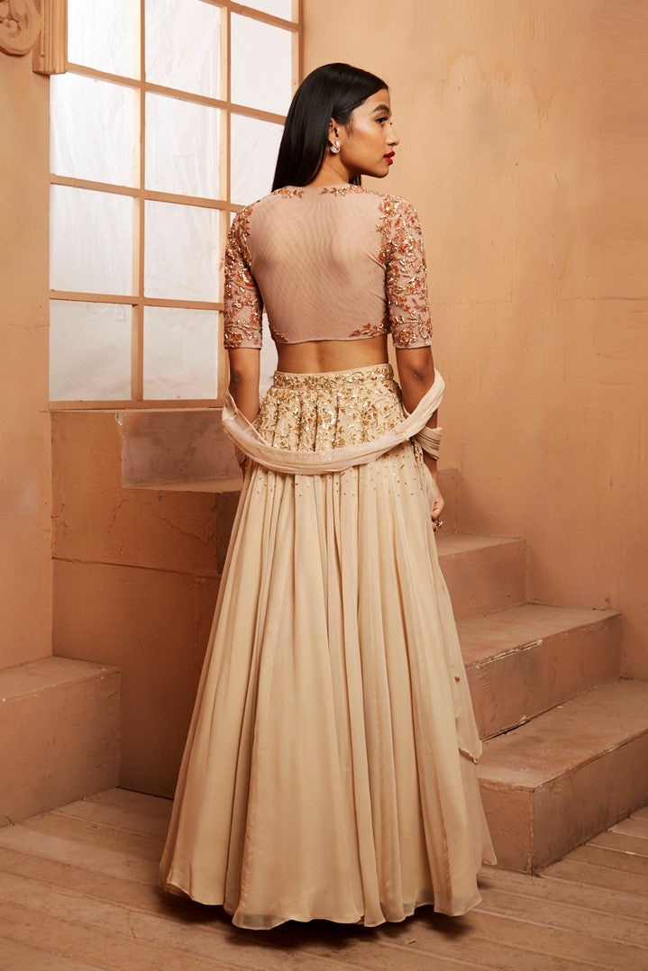 GOLD ROSETTE BLOUSE & EMBELLISHED LEHENGA