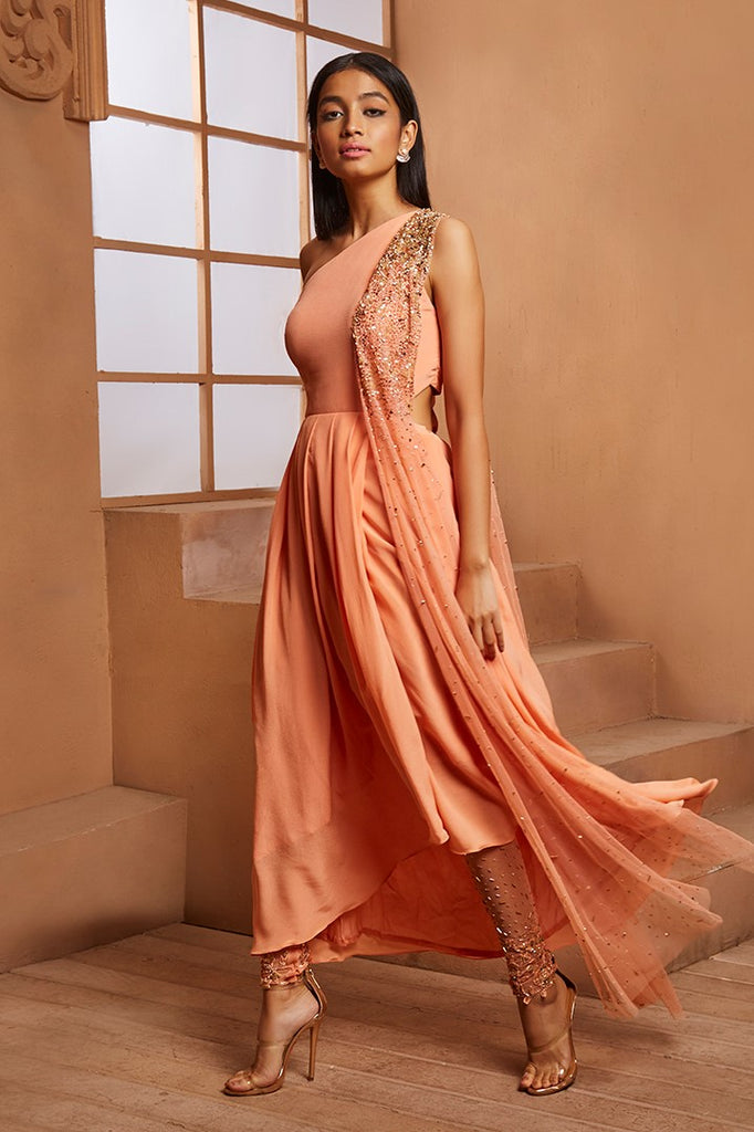 Buy Peach Thread Work Net Ready-Made Anarkali Gown from Ethnic Plus