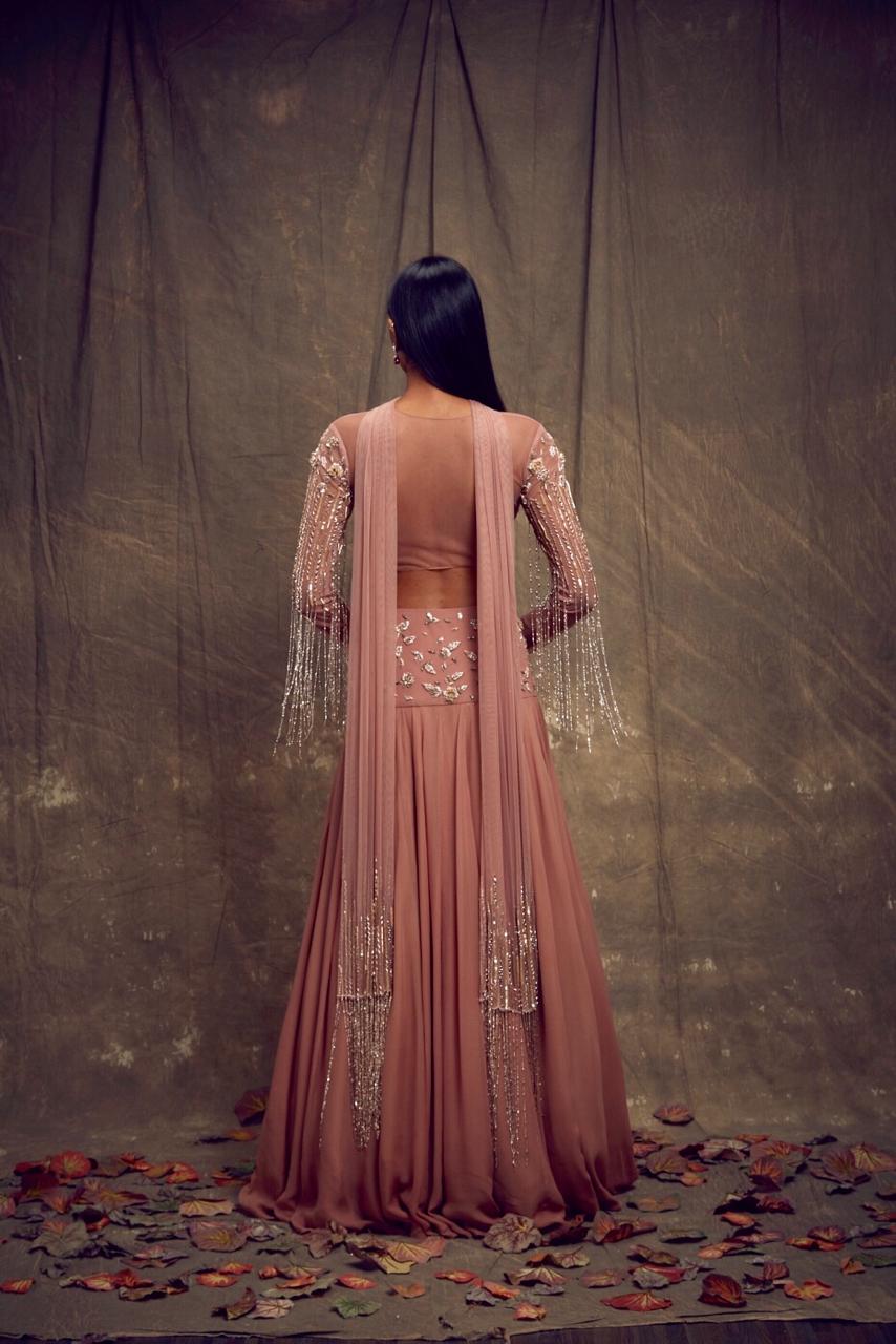 Dusty Rose Lehenga with Embellished Tasseled Sleeves