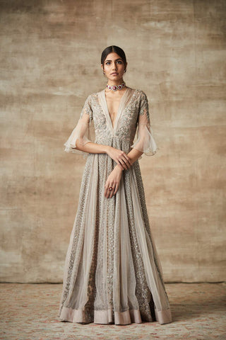 GREY EMBELLISHED CAPE STYLE GOWN