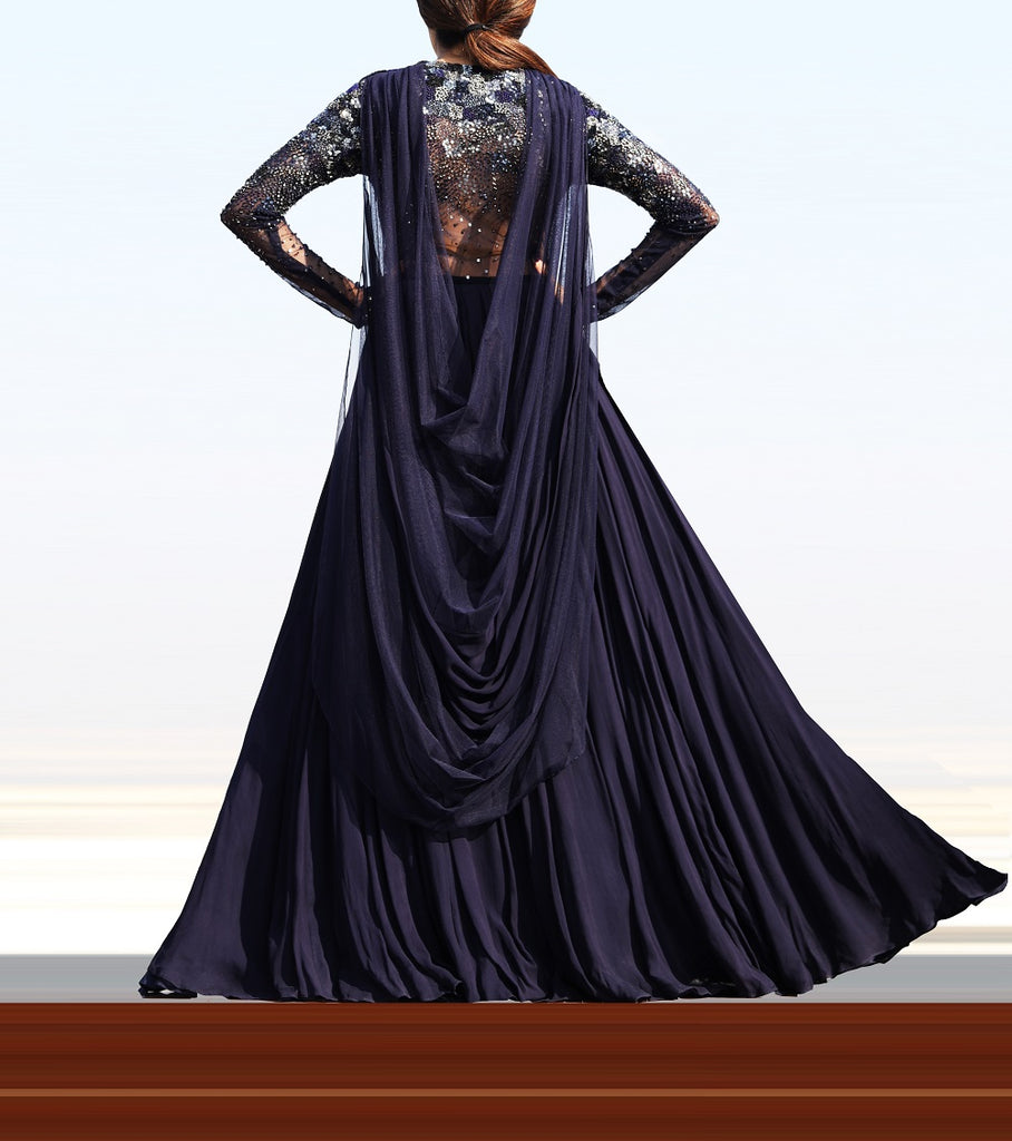 Dark Blue Embellished Gown with Back Drape