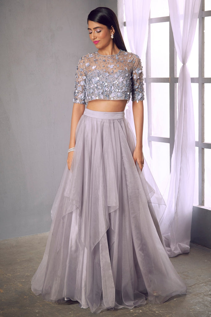 Lilac grey embellished blouse with layered skirt