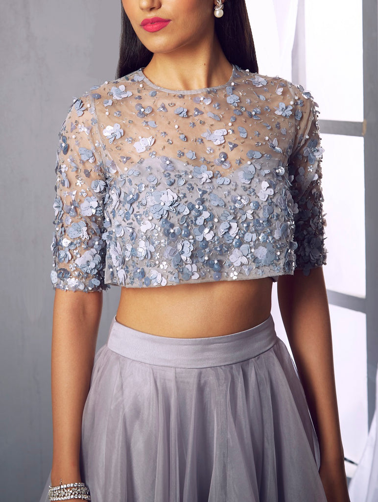 Lilac grey embellished blouse with layered skirt
