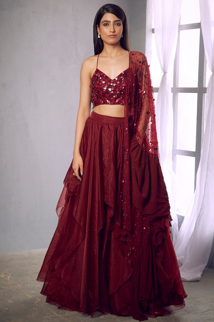 Maroon embroidered halter crop with skirt