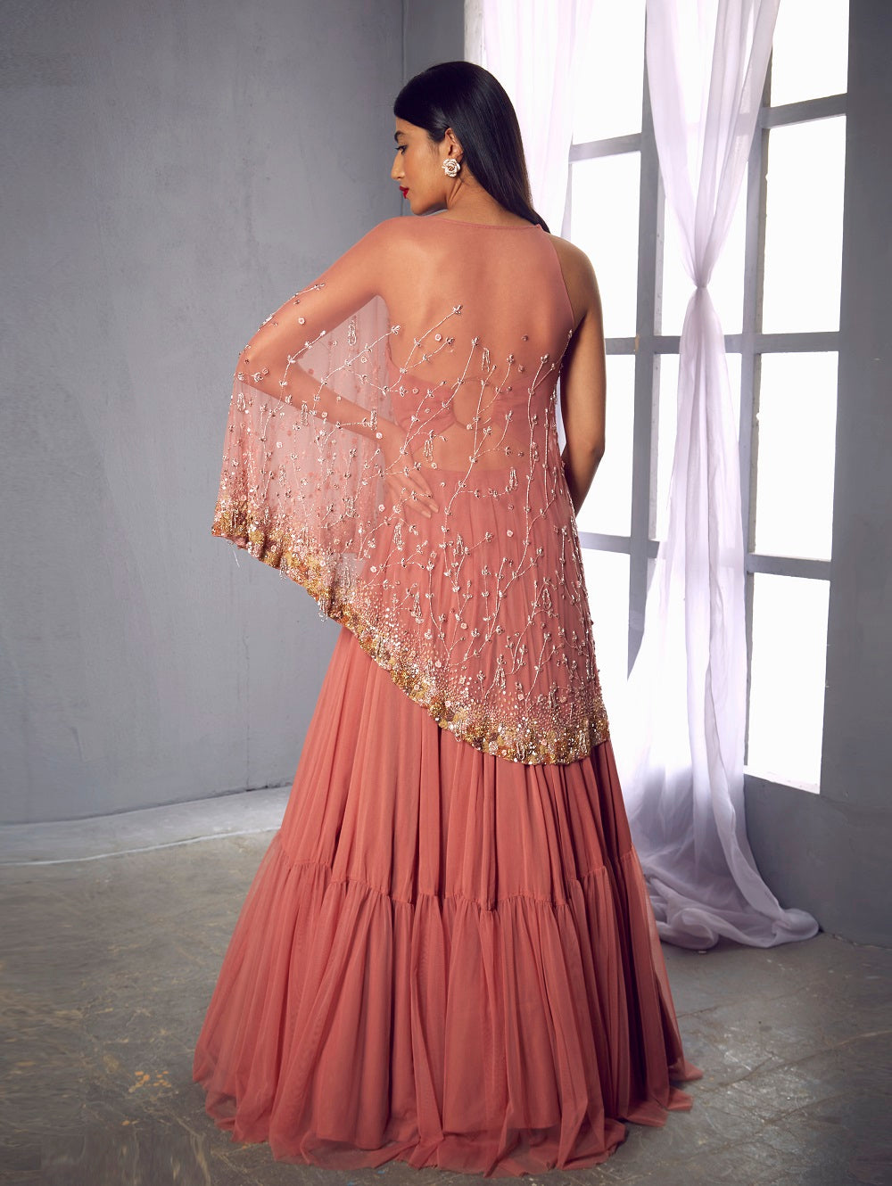 Rose pink anarkali gown with a cape