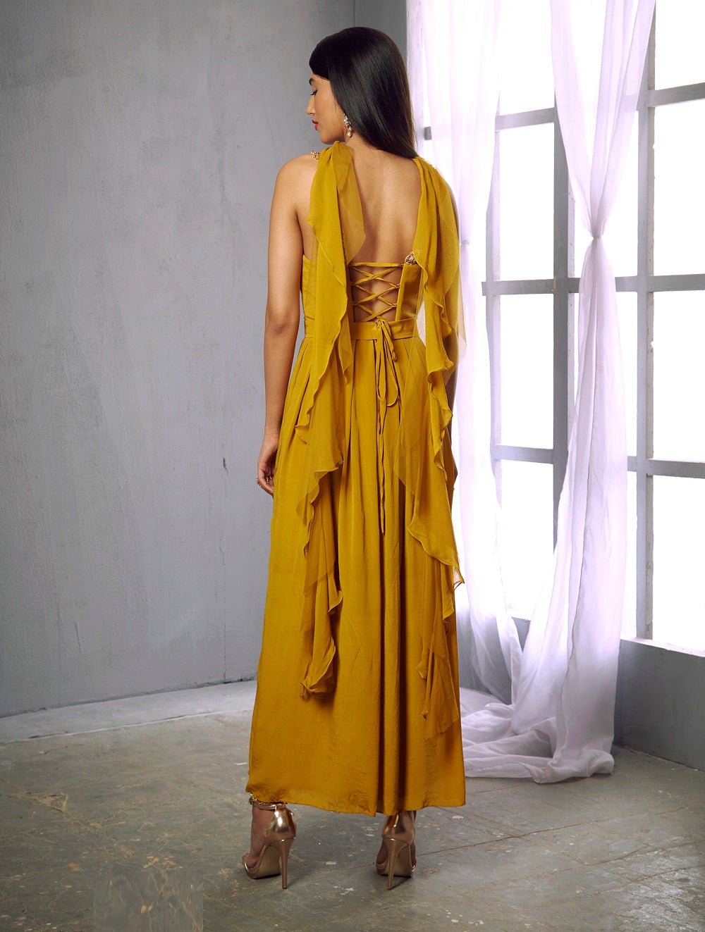 Mustard crepe pleated anarkali