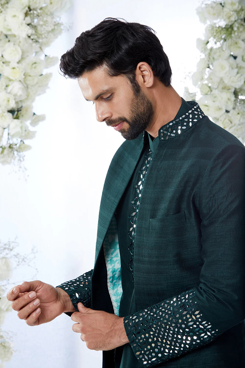 SG Emerald Green Mirror Open Sherwani Set