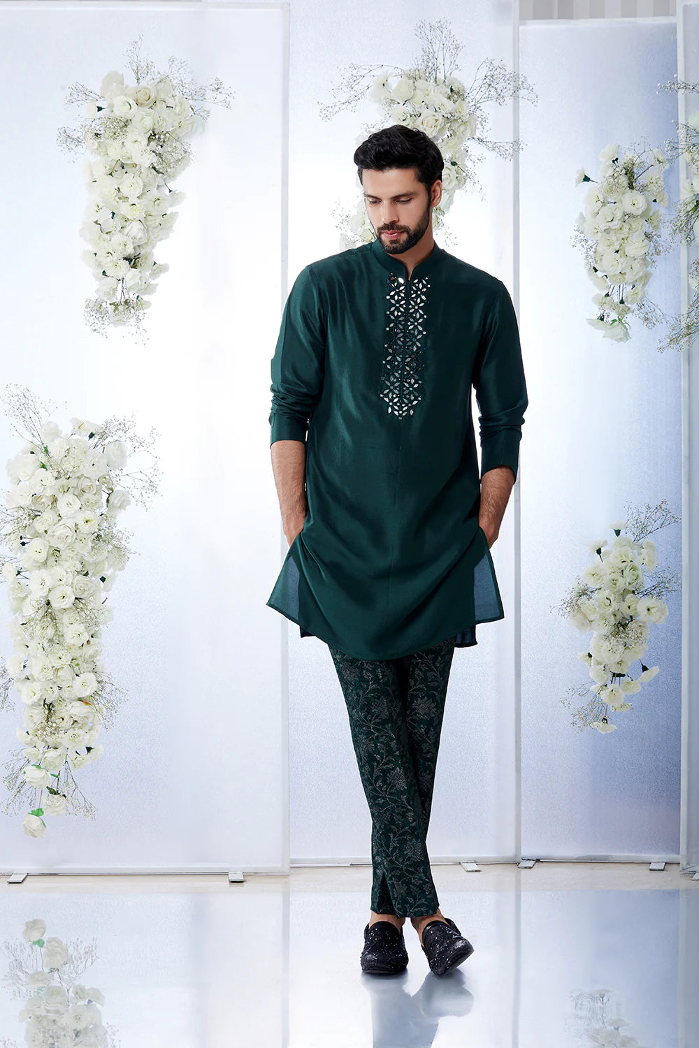 SG Emerald Green Mirror Open Sherwani Set