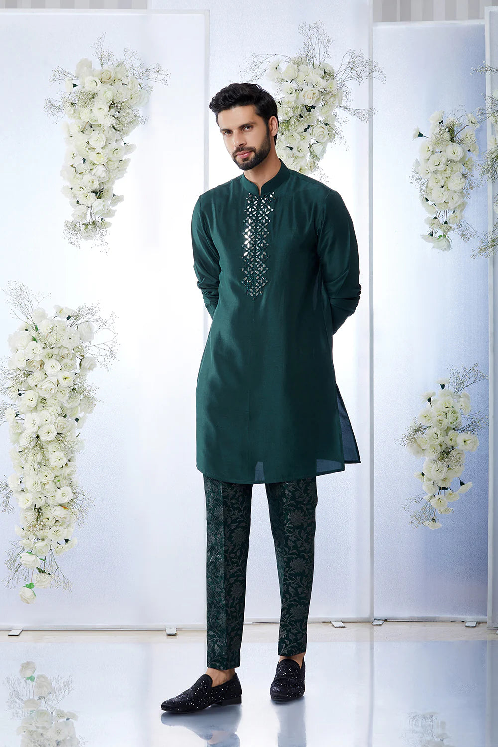 SG Emerald Green Mirror Open Sherwani Set