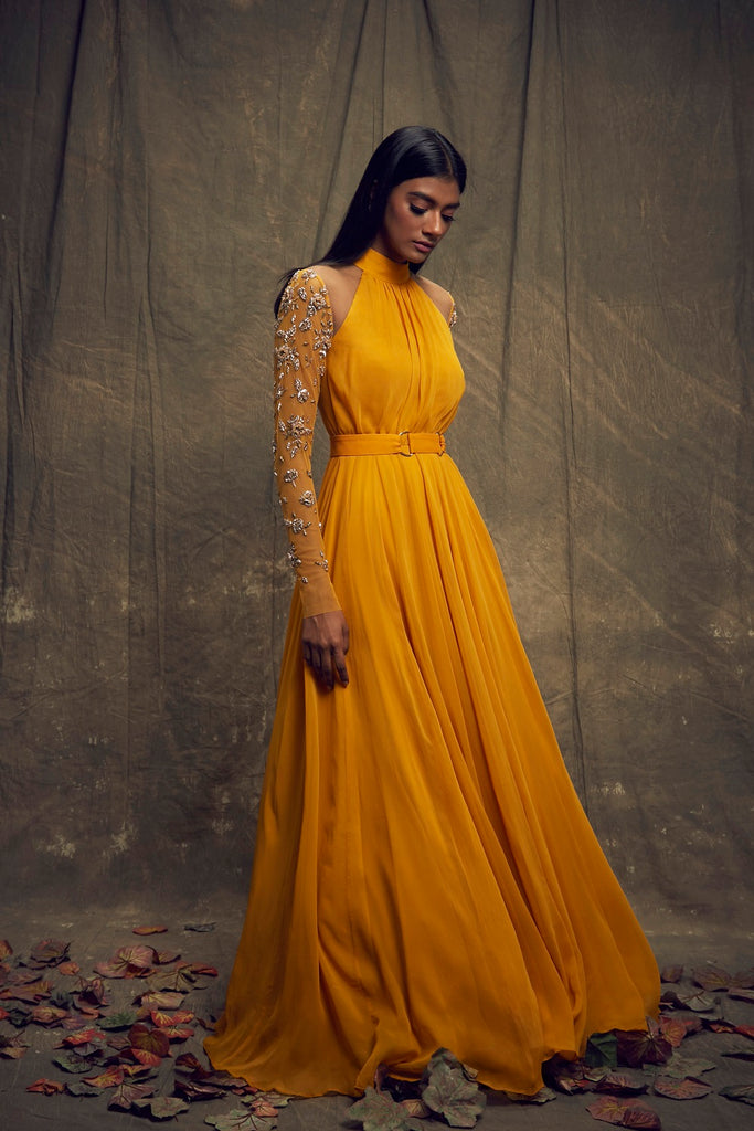 Mustard Yellow Sequin Embroidered Gown With Embroidered Belt - Absolutely  Desi