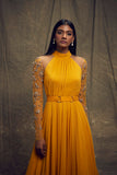 Mustard Gown with Embellished Long Sleeves