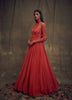 Coral Gown with Embellished Long Sleeves