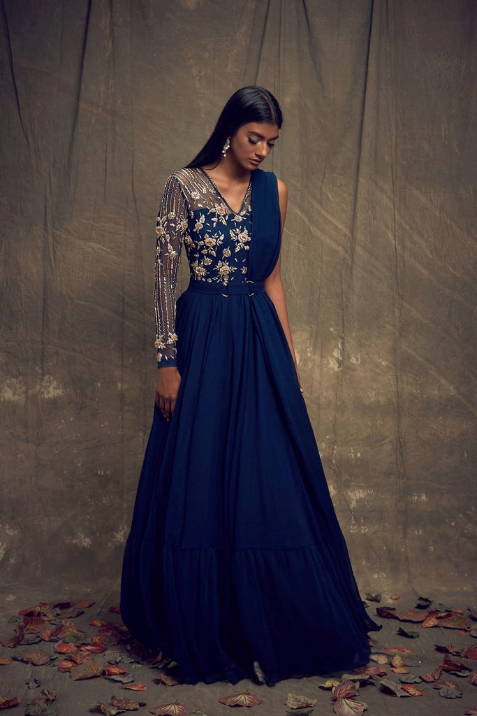 V Neck Beaded Blue Lace Long Prom Dress with Leg Slit, Blue Lace Forma –  abcprom
