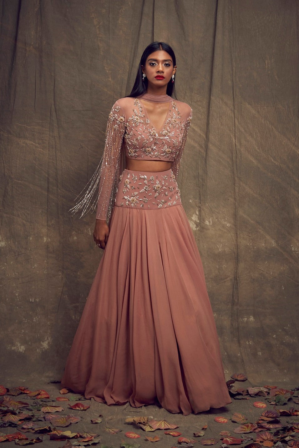 Dusty Rose Lehenga with Embellished Tasseled Sleeves
