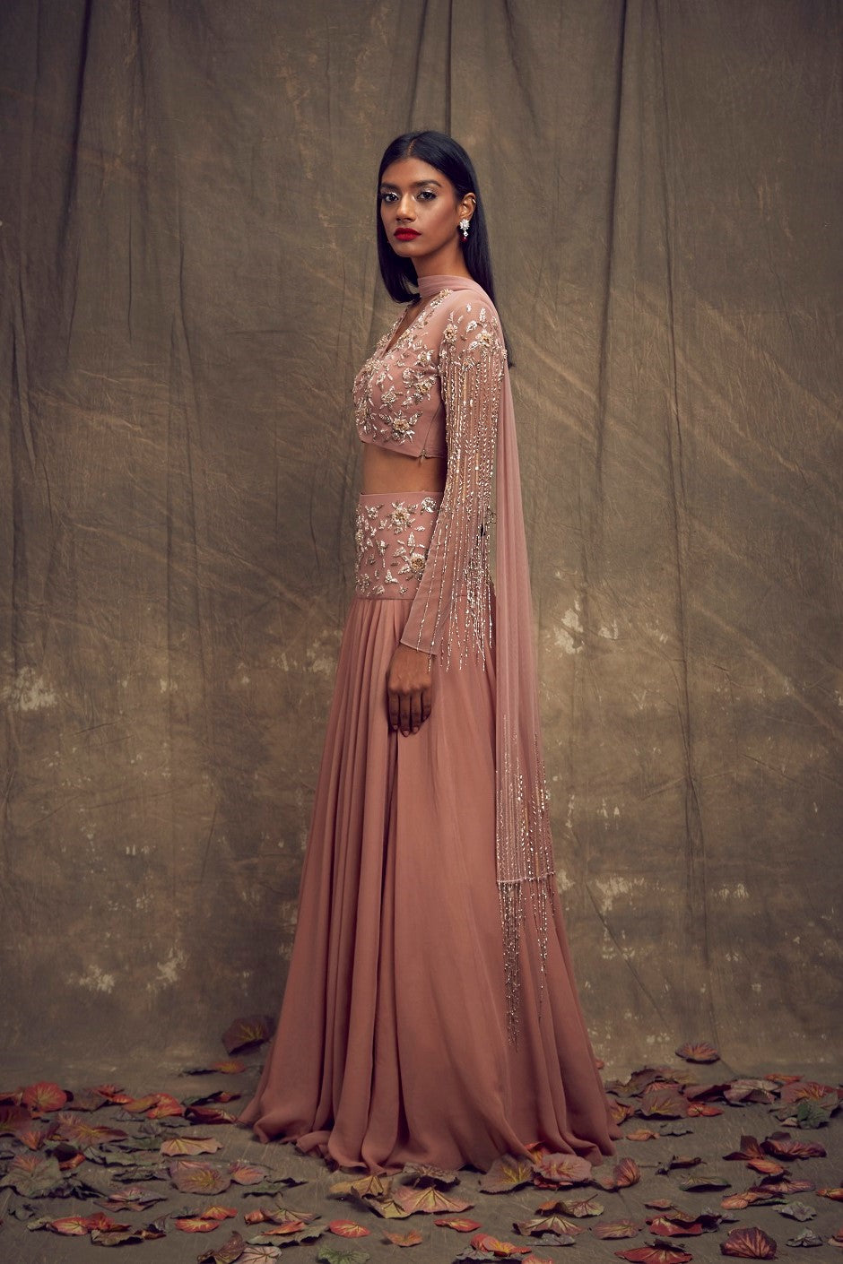 Dusty Rose Lehenga with Embellished Tasseled Sleeves