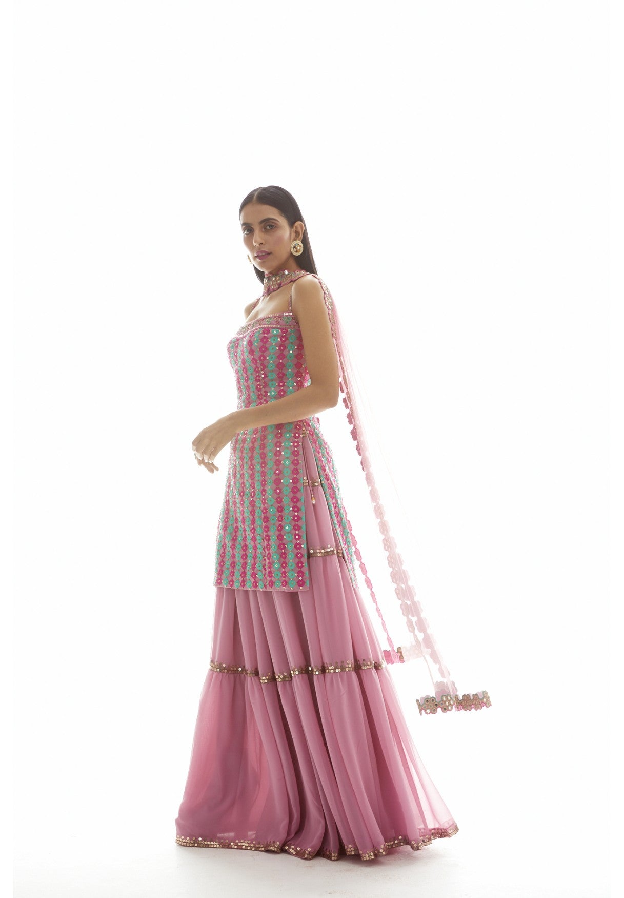 Onion Pink Applique Kurta Sharara Set