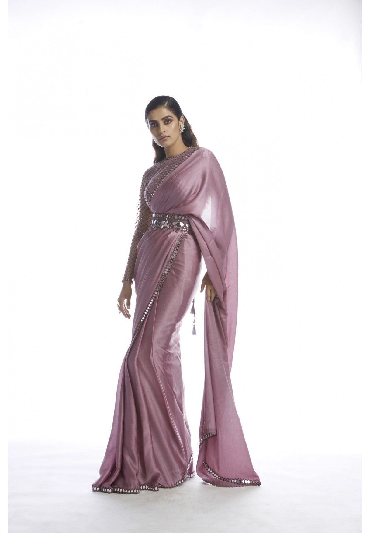 Old Rose Satin Chiffon Saree With Belt