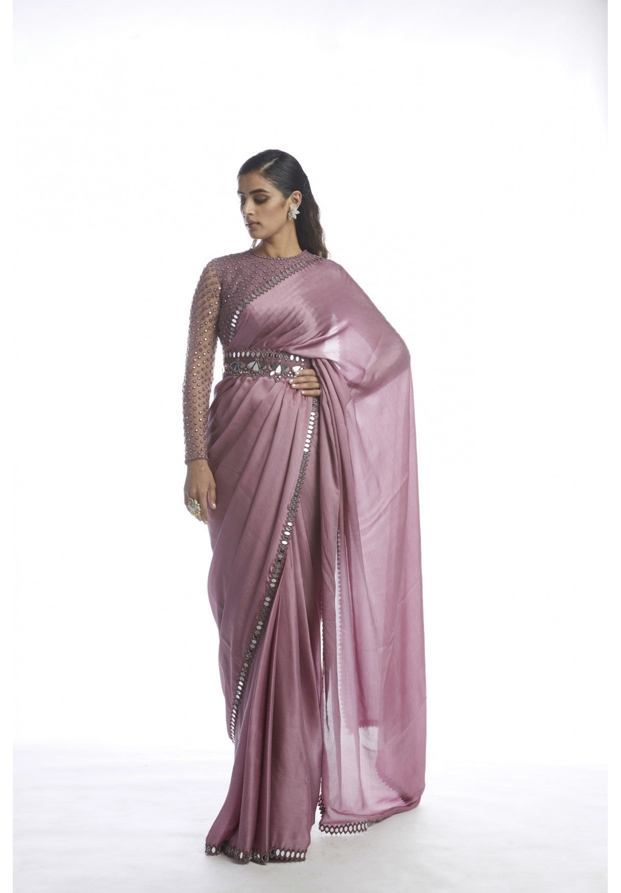 Old Rose Satin Chiffon Saree With Belt