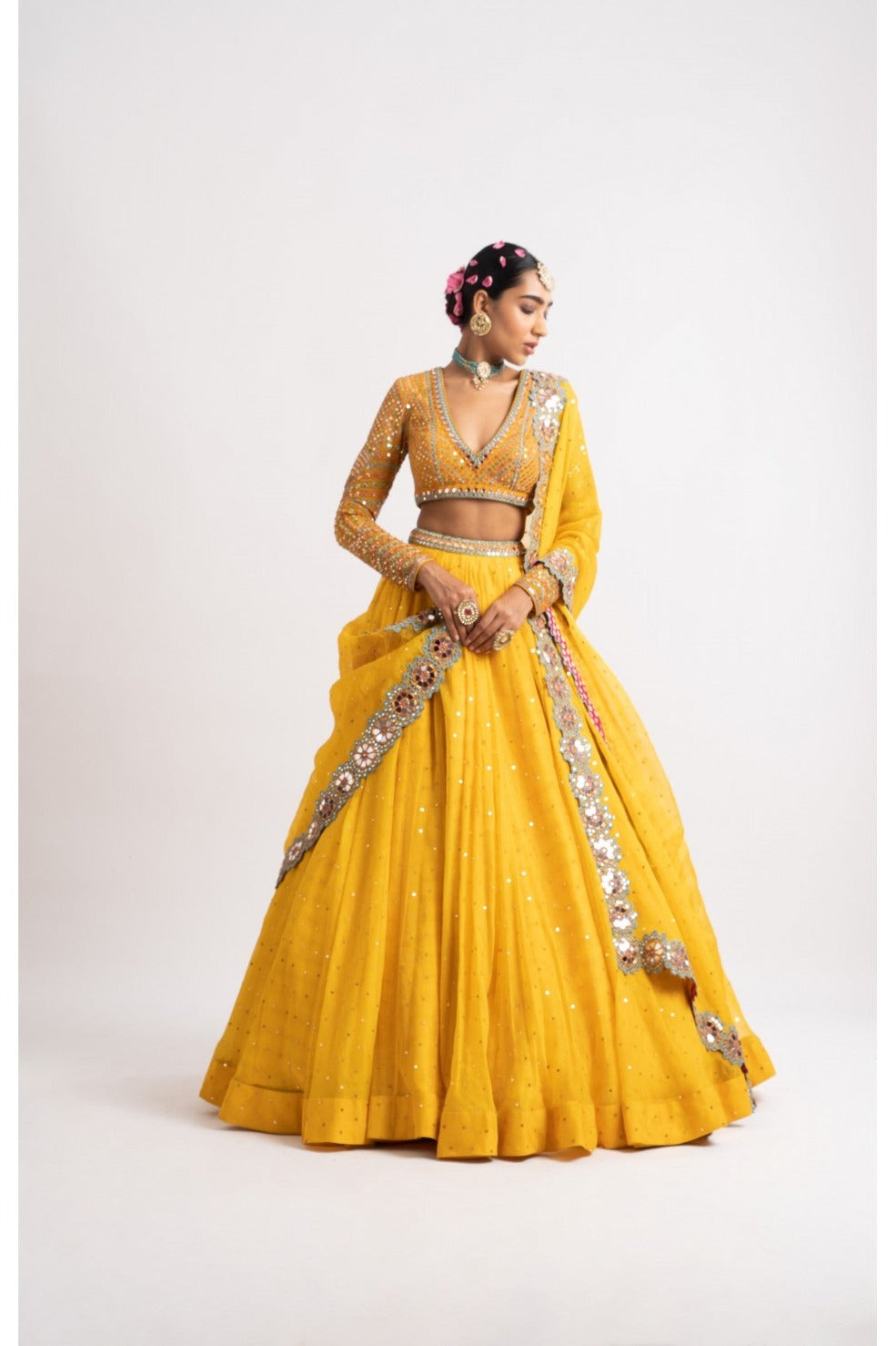 Yellow Silk Organza Lehenga Set