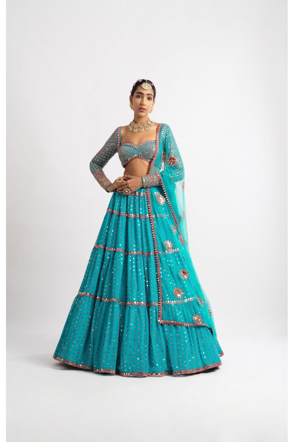 Peacock Green Multi Tier Multi Color Lehenga Set