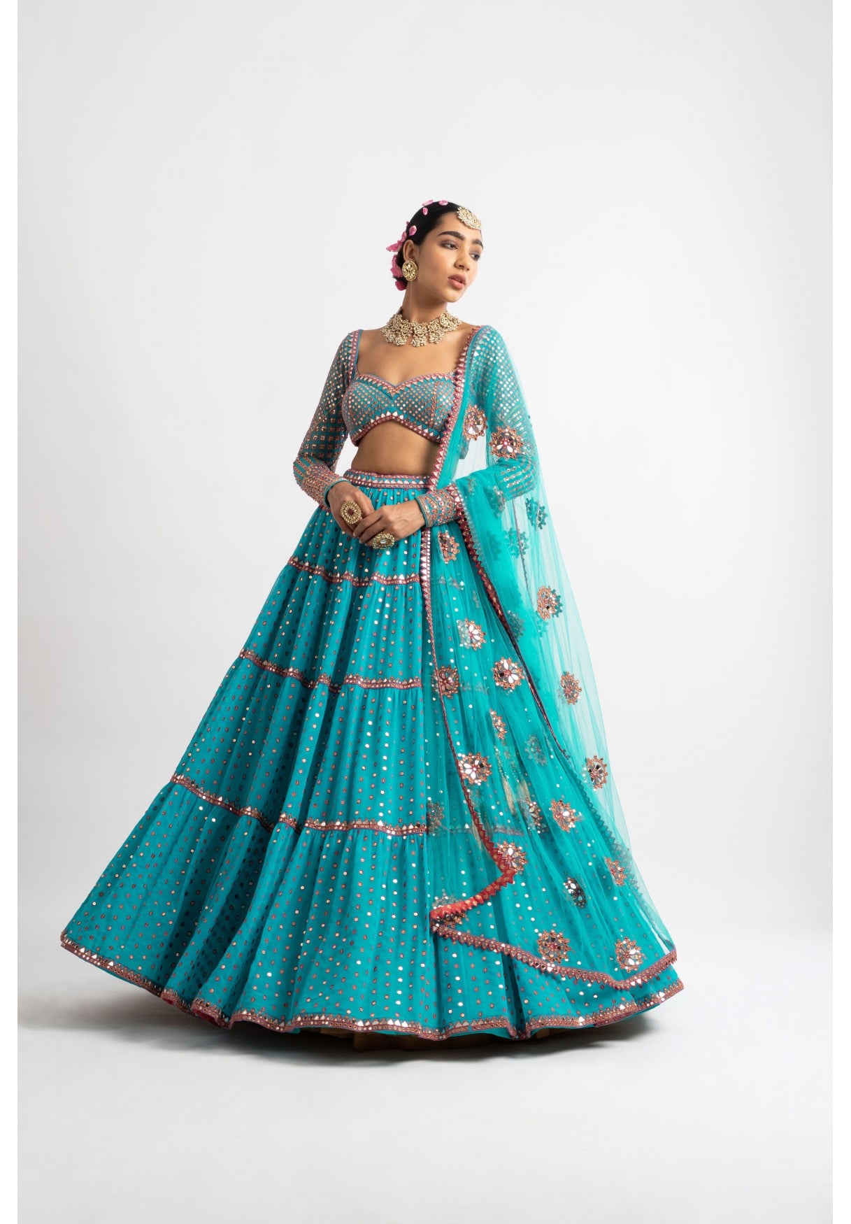 Peacock Green Multi Tier Multi Color Lehenga Set