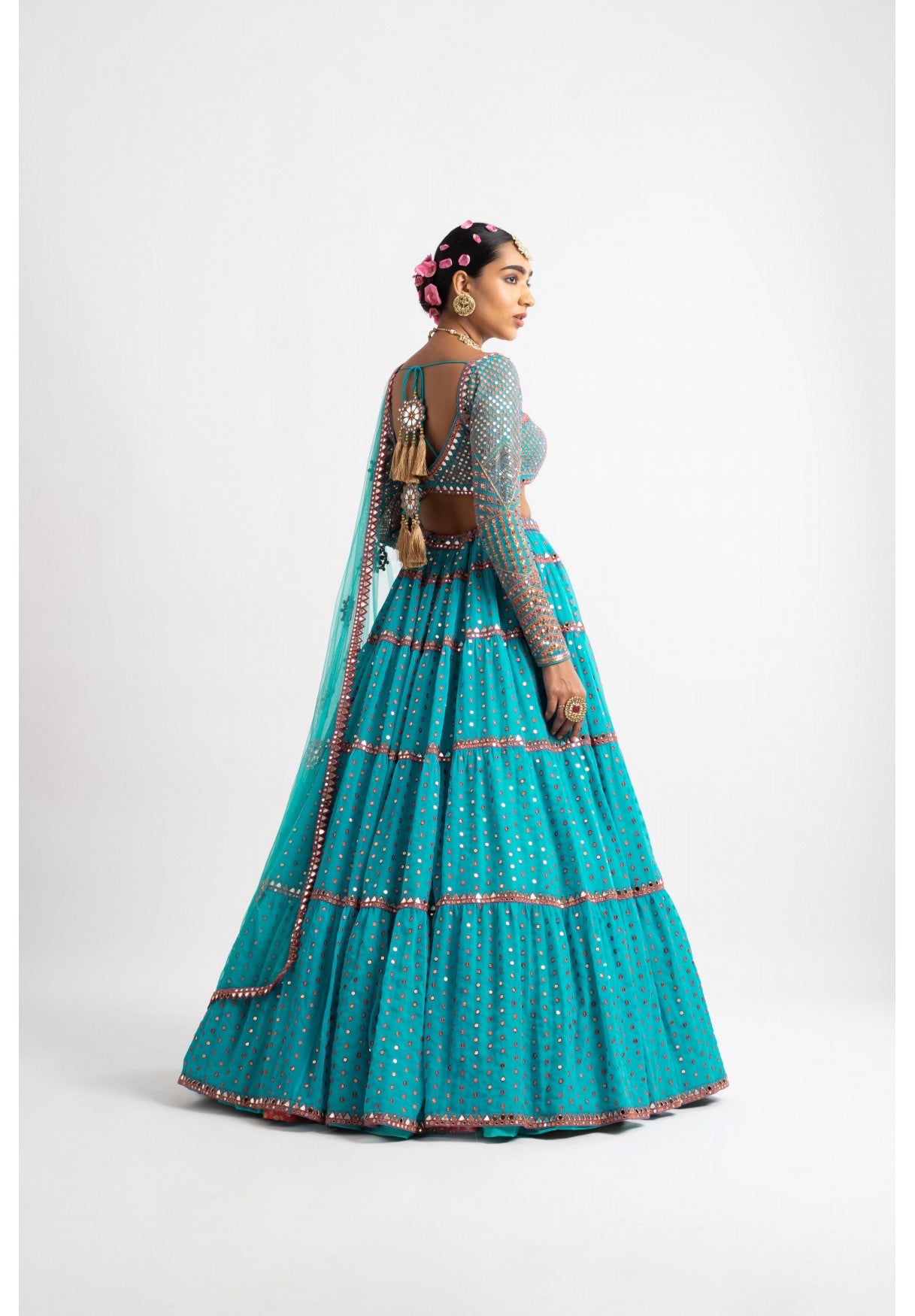 Peacock Green Multi Tier Multi Color Lehenga Set