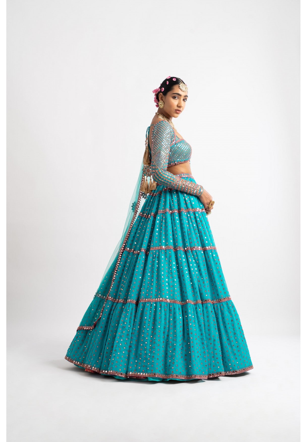 Peacock Green Multi Tier Multi Color Lehenga Set