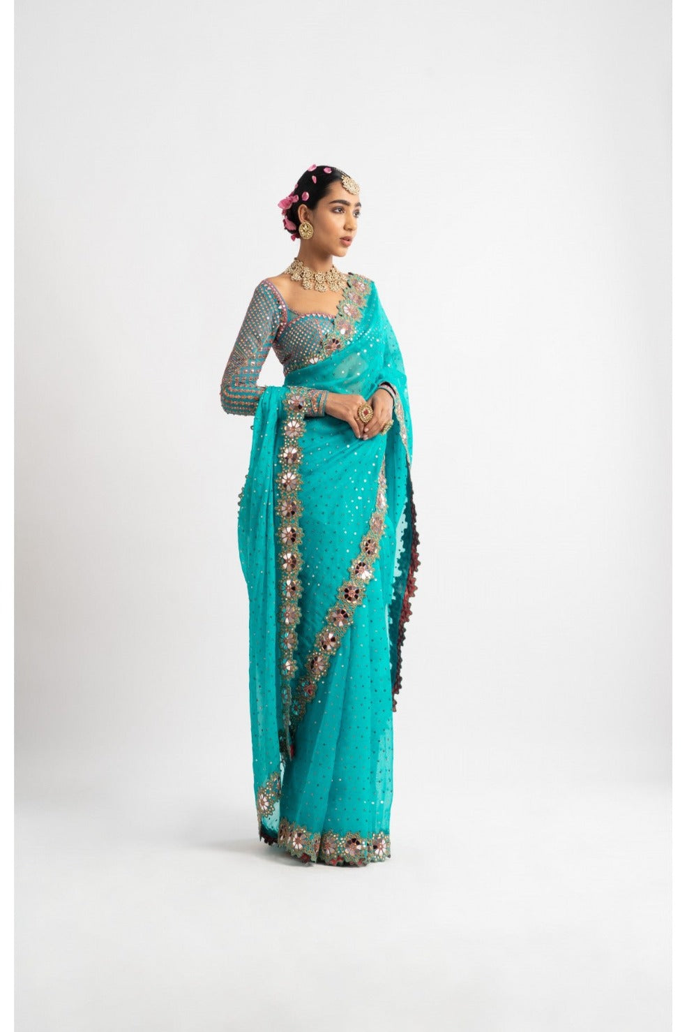 Peacock Green Hand Cut Mirror Border Saree Set