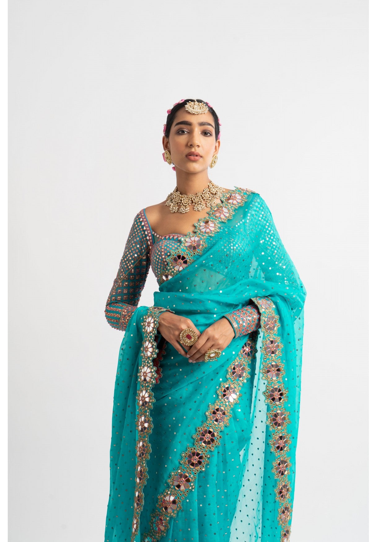 Peacock Green Hand Cut Mirror Border Saree Set
